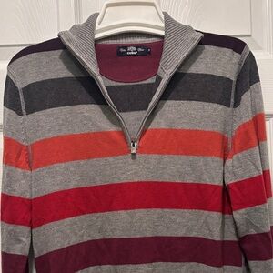 Celio Men's Striped Zip-Up Sweater - Gray, Red, and Black